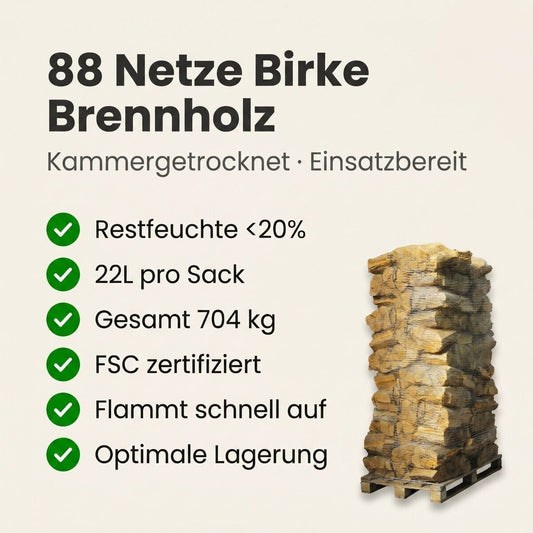 88 Netze kammergetrocknetes gespalten Erle Brennholz 25cm