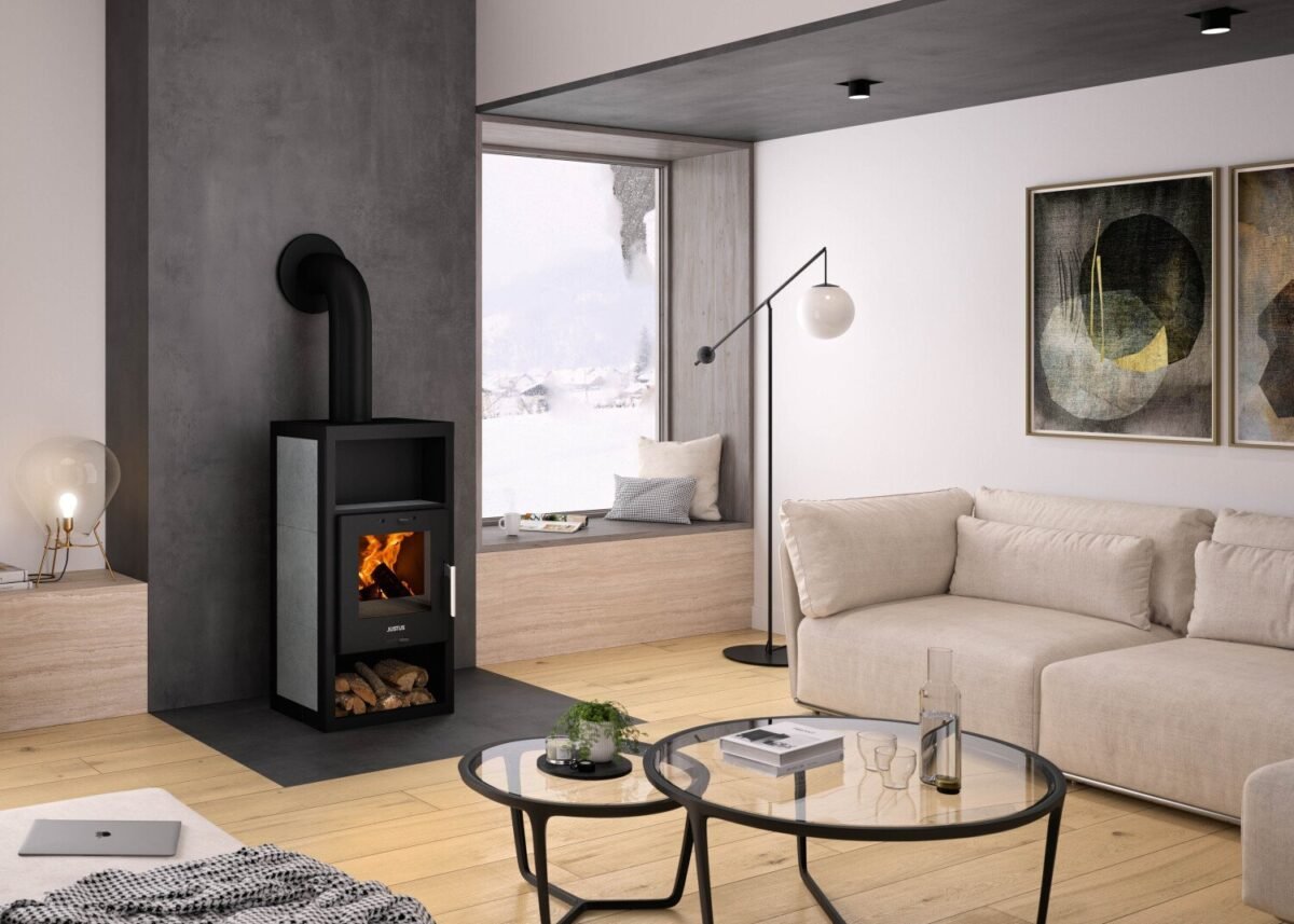 Justus Texas V 6 kW Stahl Schwarz/Keramik Grau – Eleganter Kaminofen mit Dauerbrandfunktion
